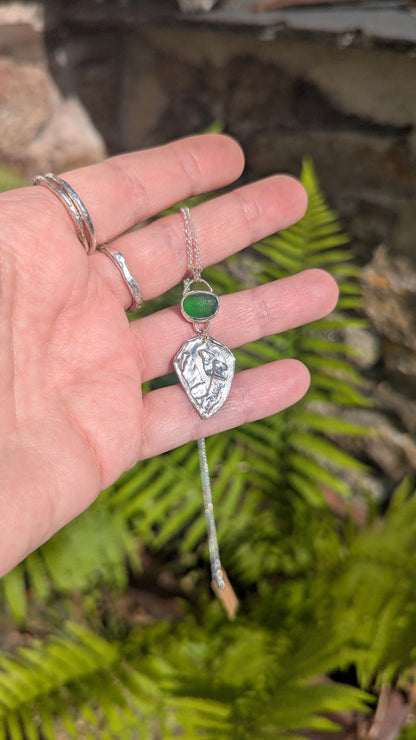 Green Sea Glass & Molten Silver Necklace