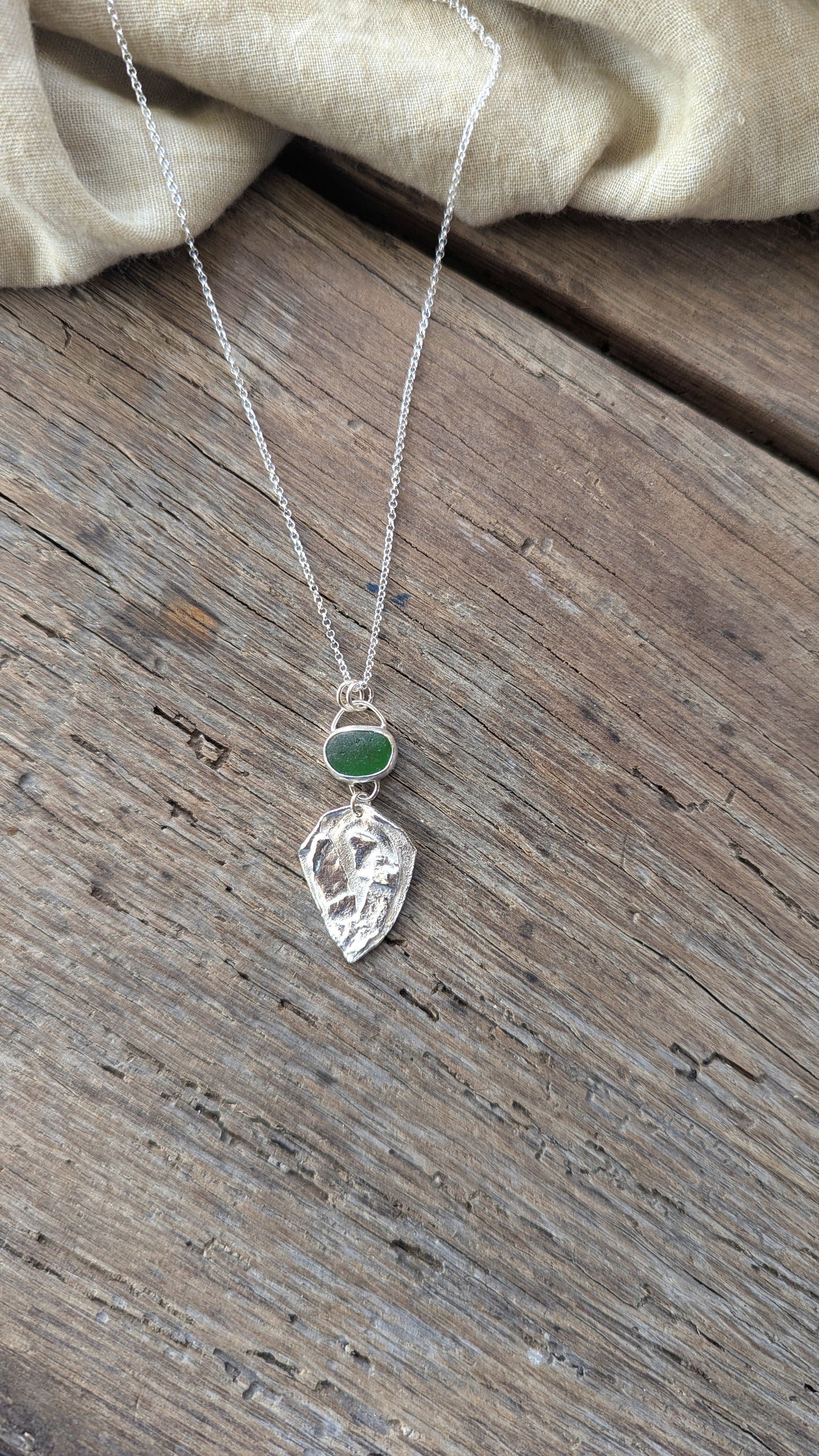Green Sea Glass & Molten Silver Necklace