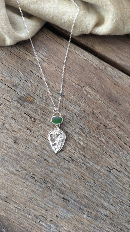 Green Sea Glass & Molten Silver Necklace