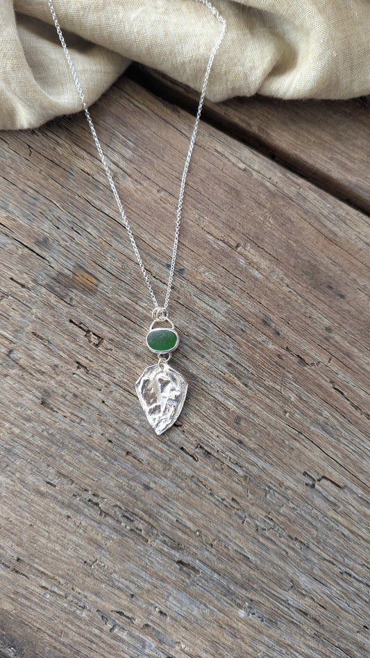 Green Sea Glass & Molten Silver Necklace