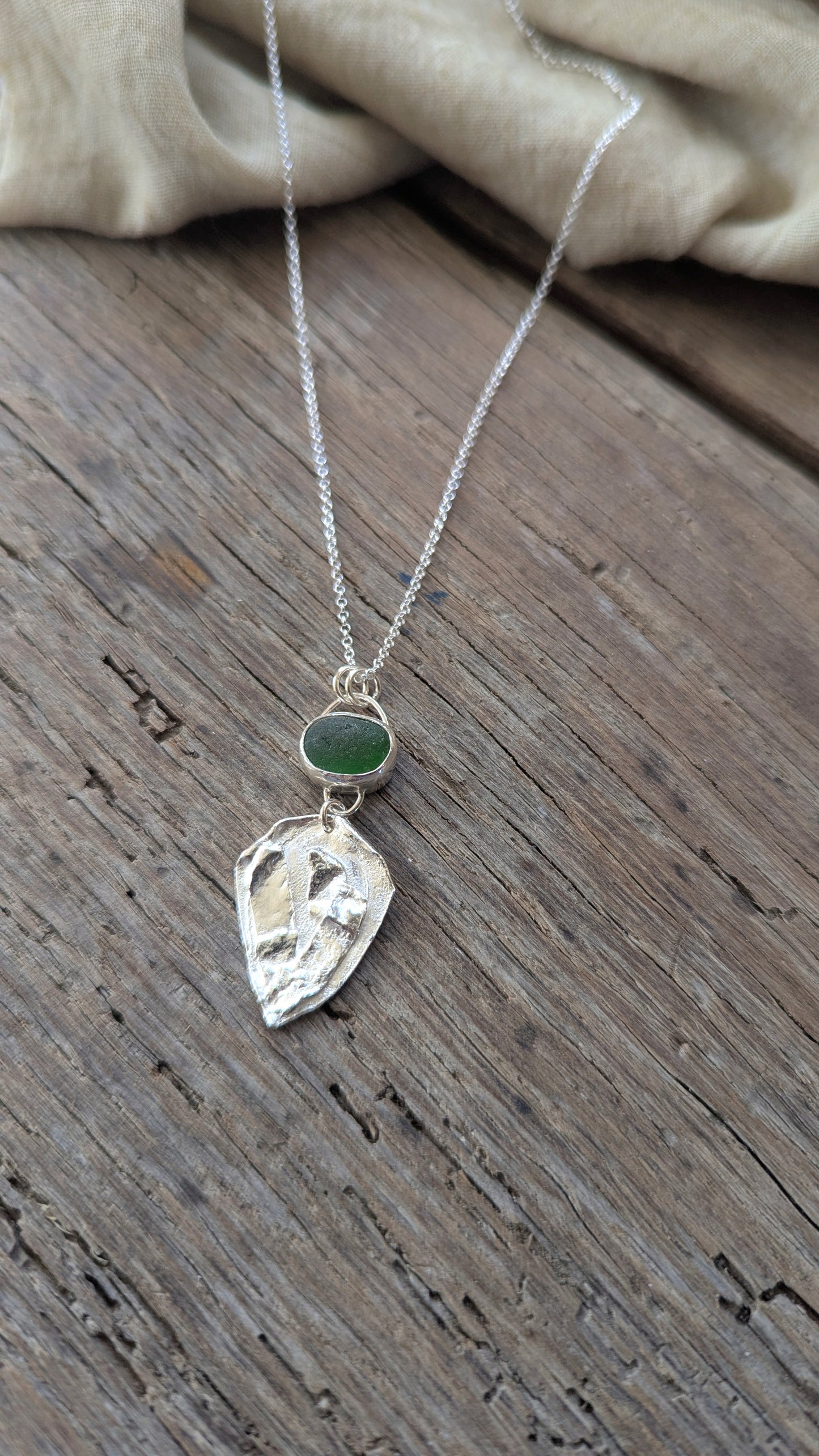 Green Sea Glass & Molten Silver Necklace