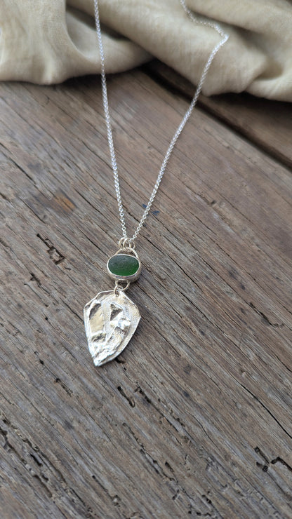 Green Sea Glass & Molten Silver Necklace