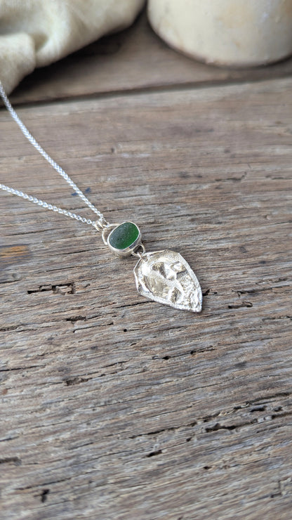 Green Sea Glass & Molten Silver Necklace