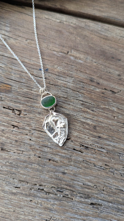 Green Sea Glass & Molten Silver Necklace
