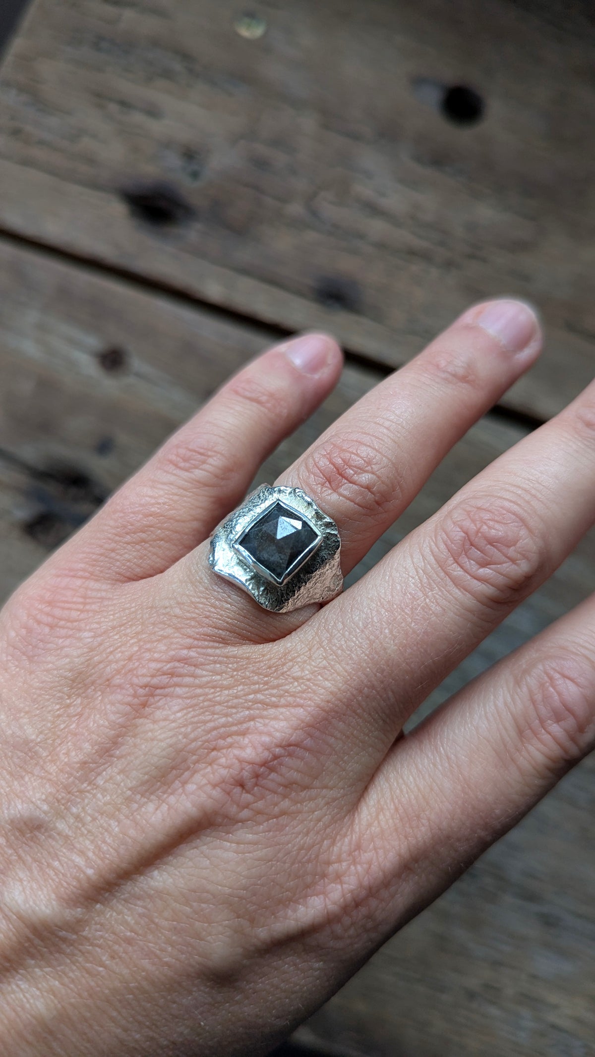 Grey Sapphire & Molten Silver Ring - Size M