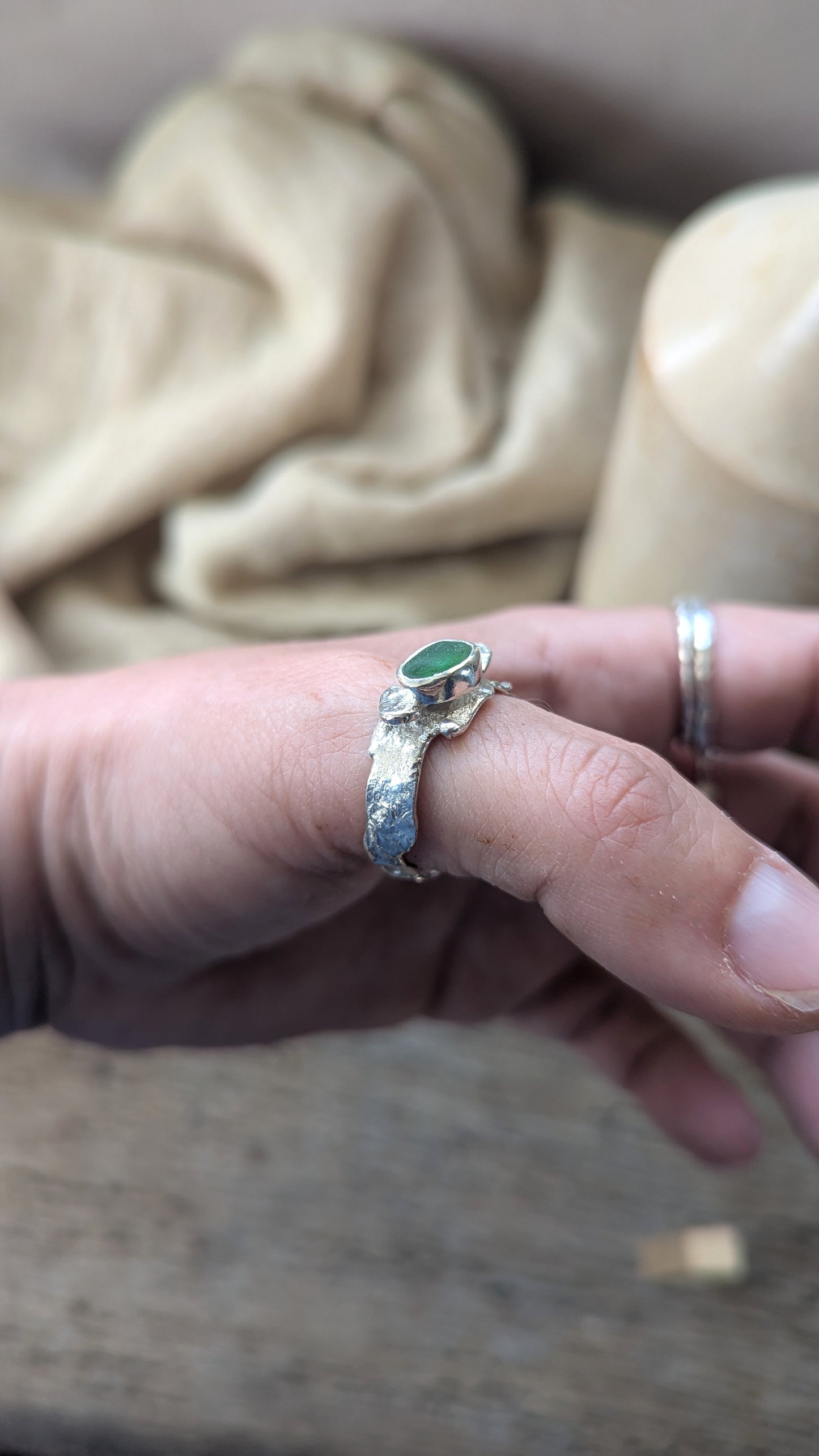 Molten Silver & Green Sea Glass Ring