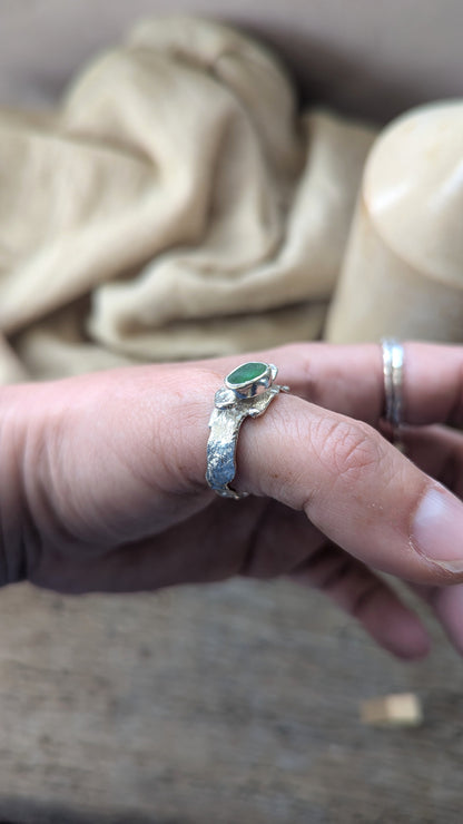Molten Silver & Green Sea Glass Ring