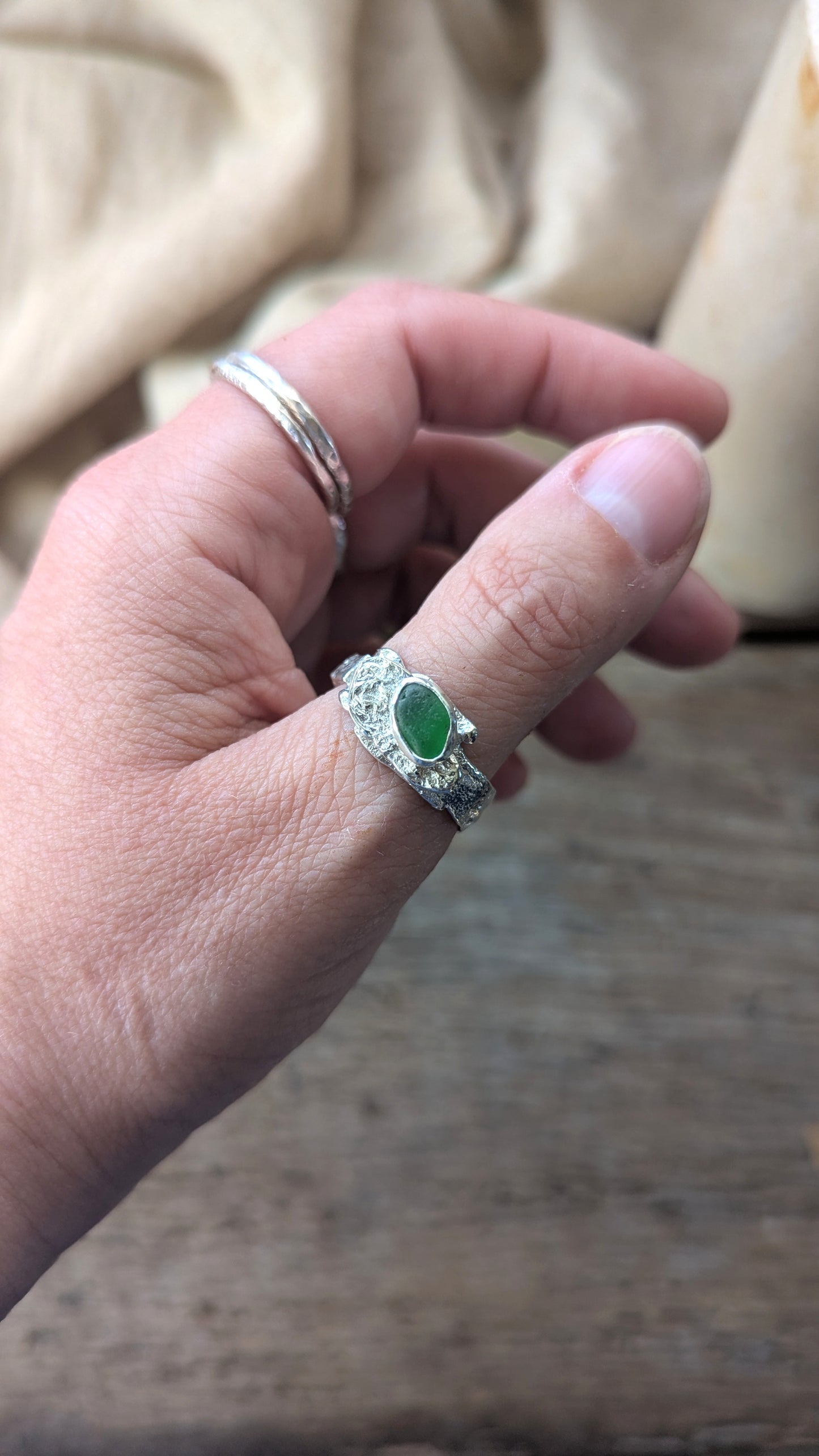 Molten Silver & Green Sea Glass Ring