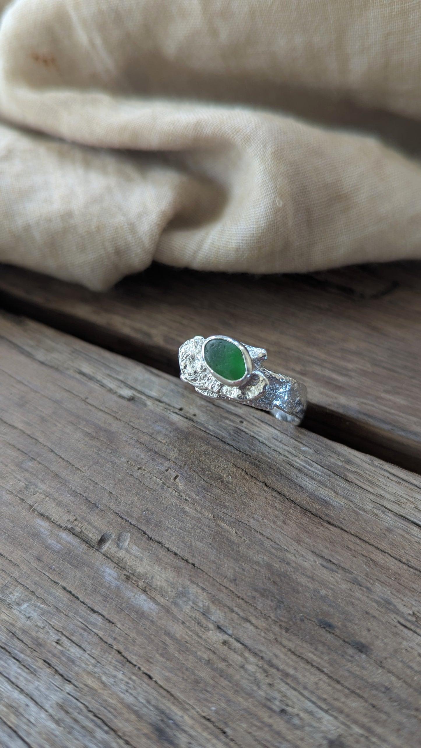 Molten Silver & Green Sea Glass Ring
