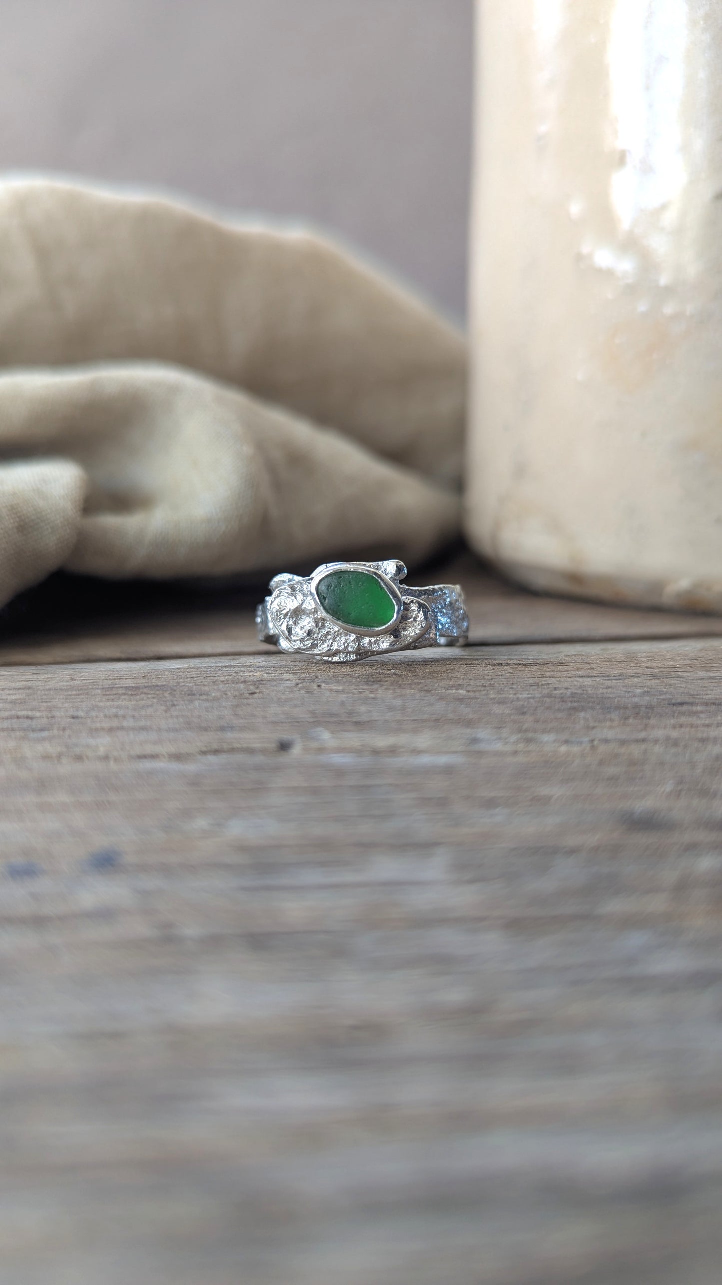 Molten Silver & Green Sea Glass Ring