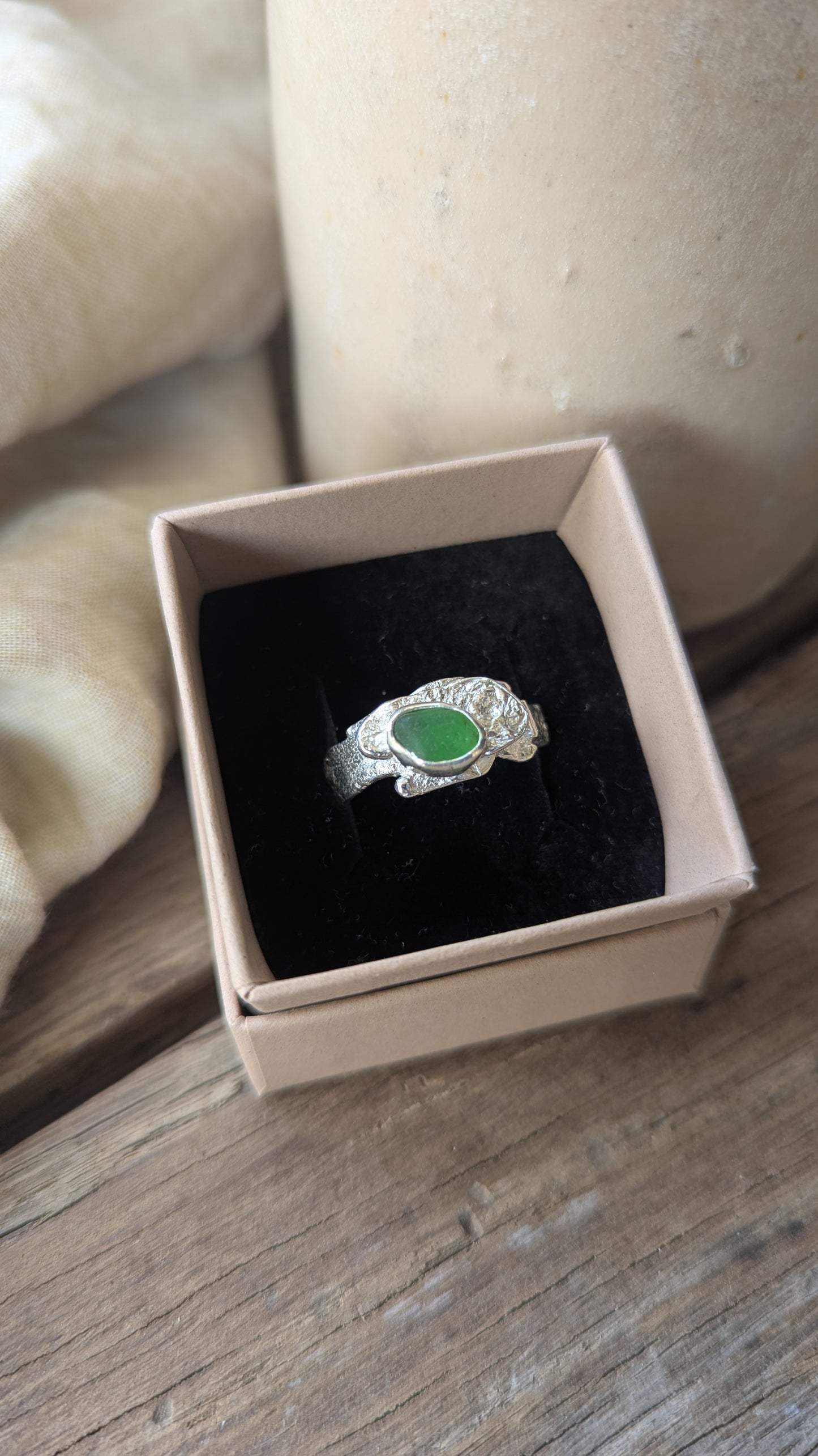 Molten Silver & Green Sea Glass Ring