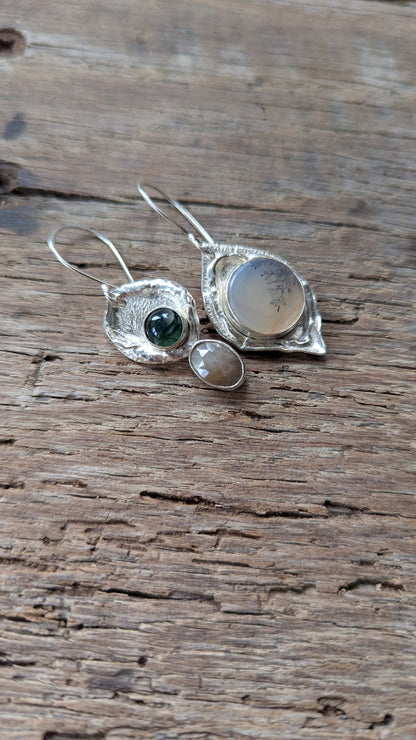 Dendritic Agate, Moss Agate & Sapphire Earrings