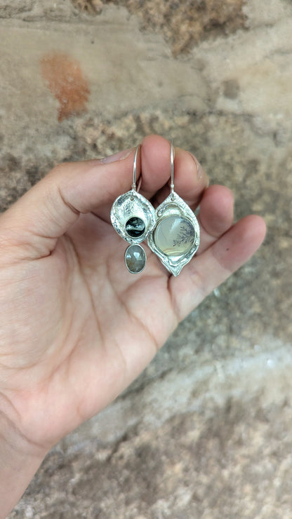 Dendritic Agate, Moss Agate & Sapphire Earrings