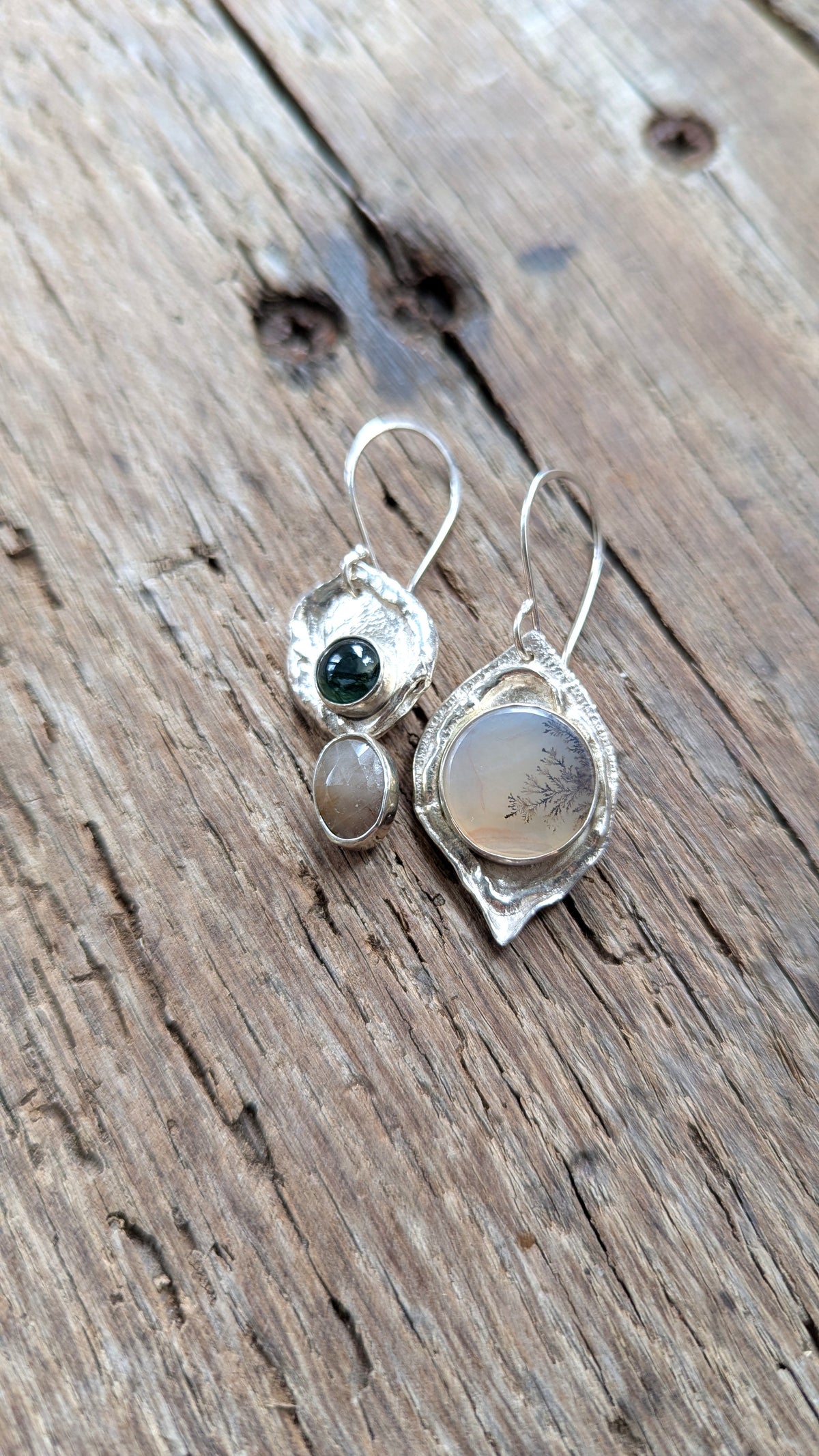 Dendritic Agate, Moss Agate & Sapphire Earrings