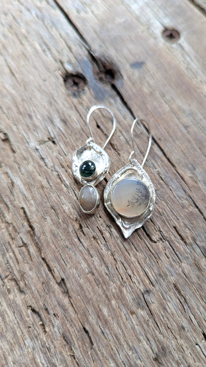 Dendritic Agate, Moss Agate & Sapphire Earrings