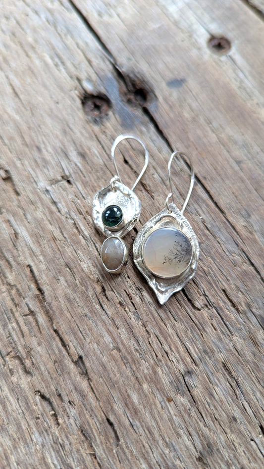 Dendritic Agate, Moss Agate & Sapphire Earrings