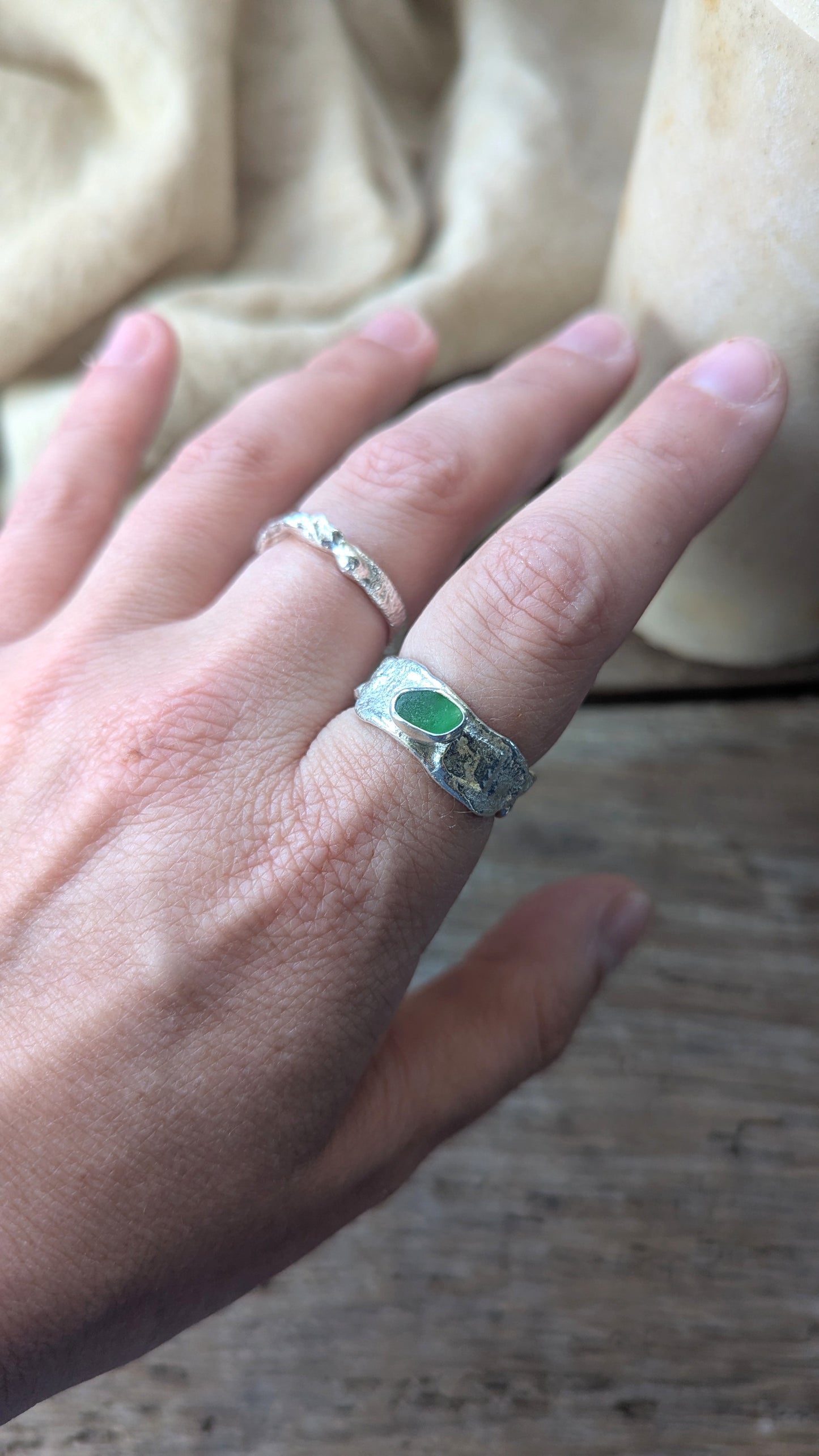 Molten Silver & Green Sea Glass Ring