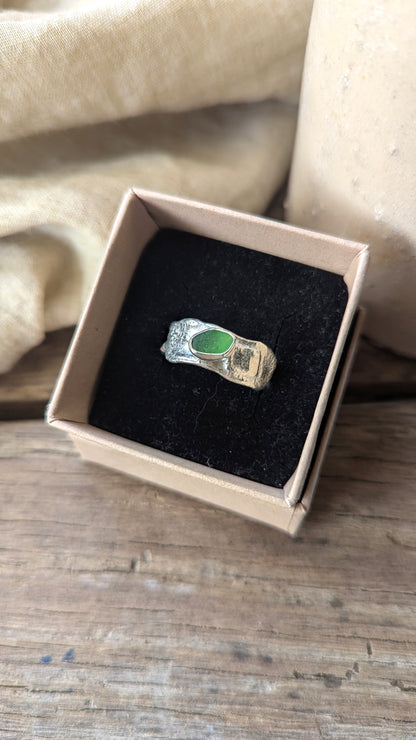 Molten Silver & Green Sea Glass Ring