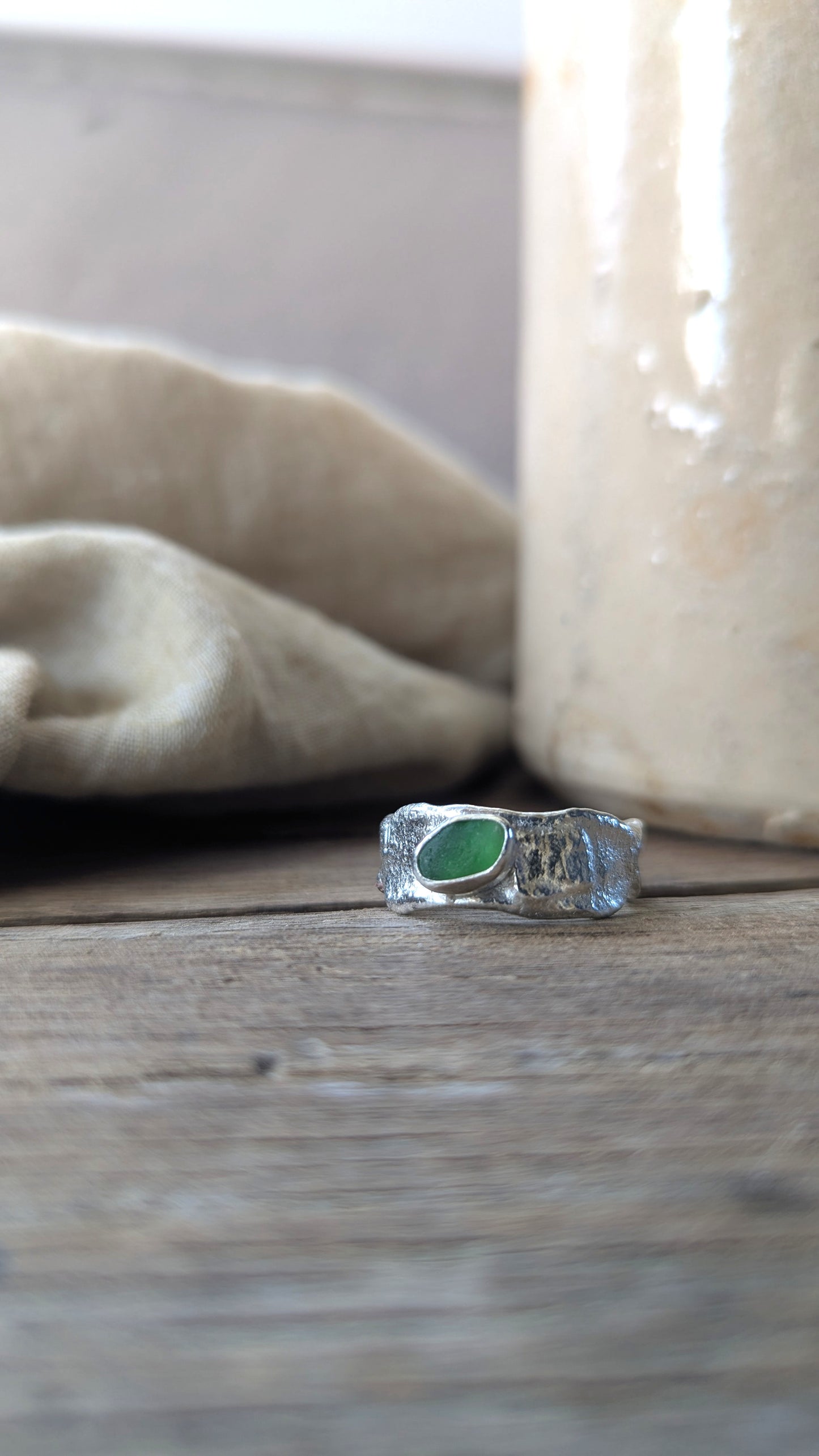 Molten Silver & Green Sea Glass Ring
