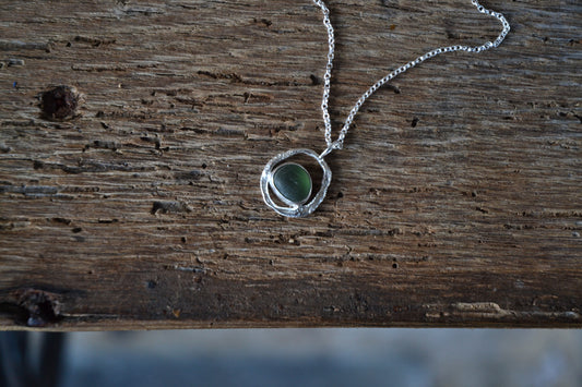 Green Sea Glass & Molten Silver Necklace