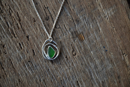 Green Sea Glass & Molten Silver Necklace