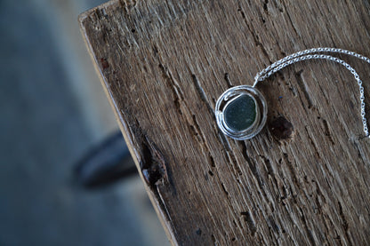 Dark Green Sea Glass Molten Silver Necklace