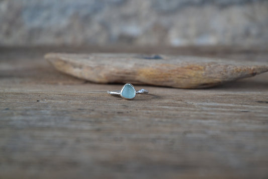 Aquamarine Sea Glass & Molten Silver Ring - Size O