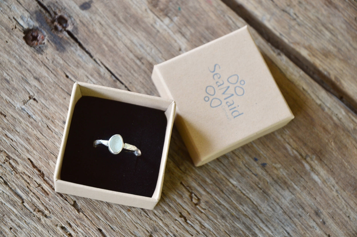 Molten Silver & Seafoam Sea Glass Ring - Size O