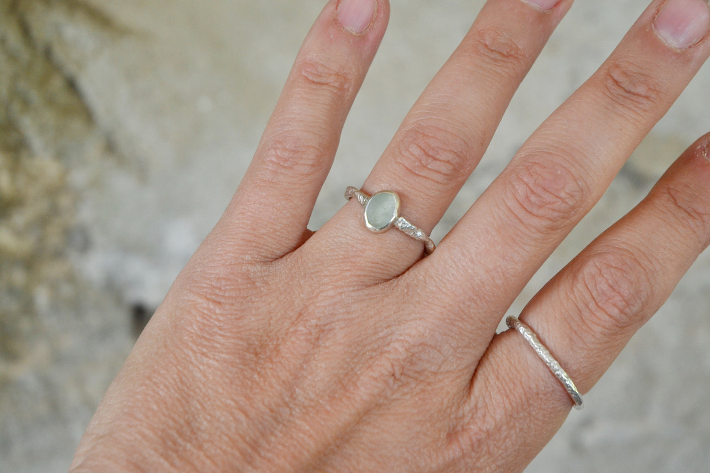 Molten Silver & Seafoam Sea Glass Ring - Size O