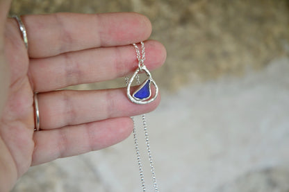 Cobalt Blue Sea Glass & Molten Silver Necklace