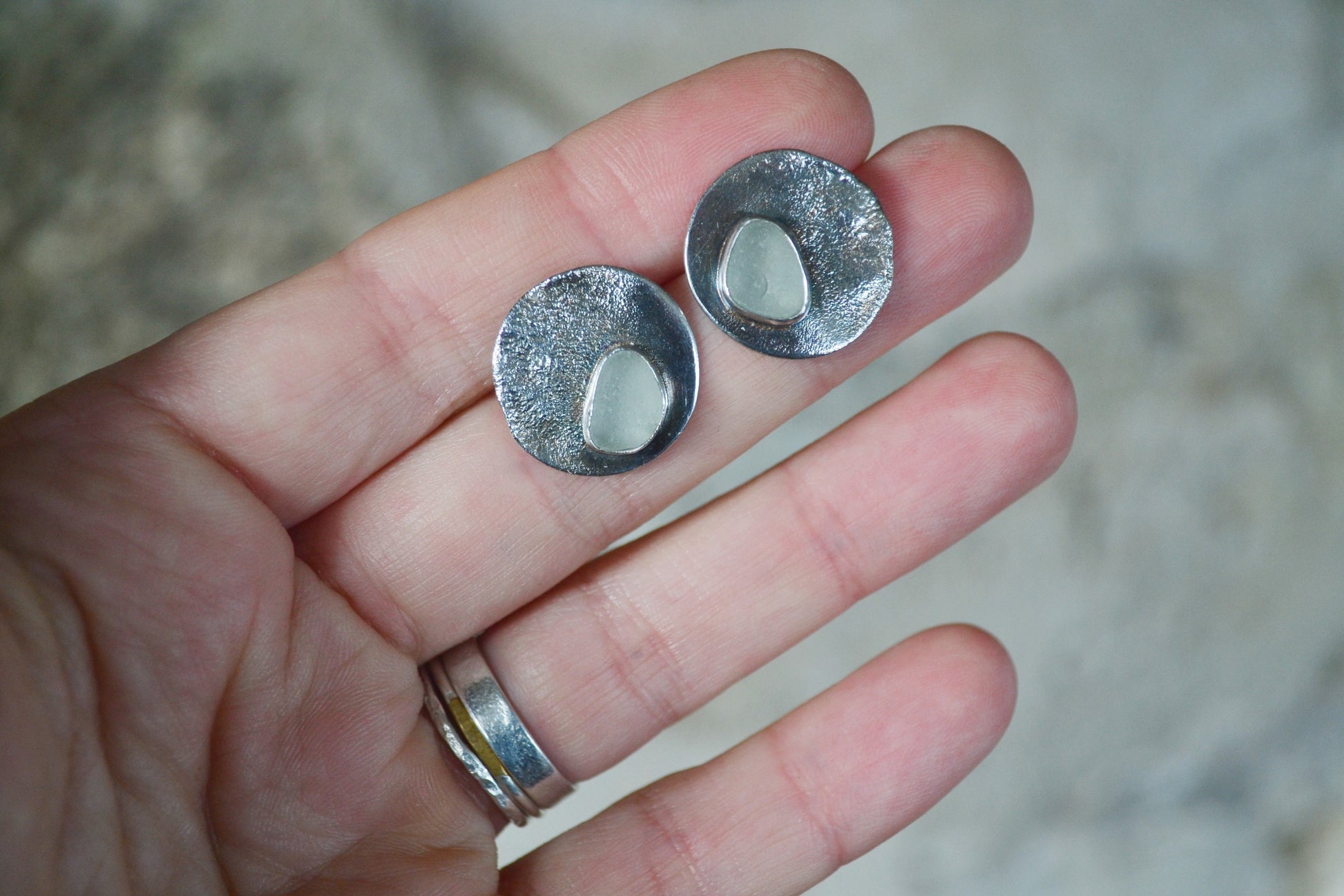 sea glass and silver circle earrings