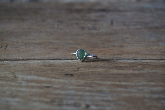 Green Sea Glass & Molten Silver Ring - Size Q