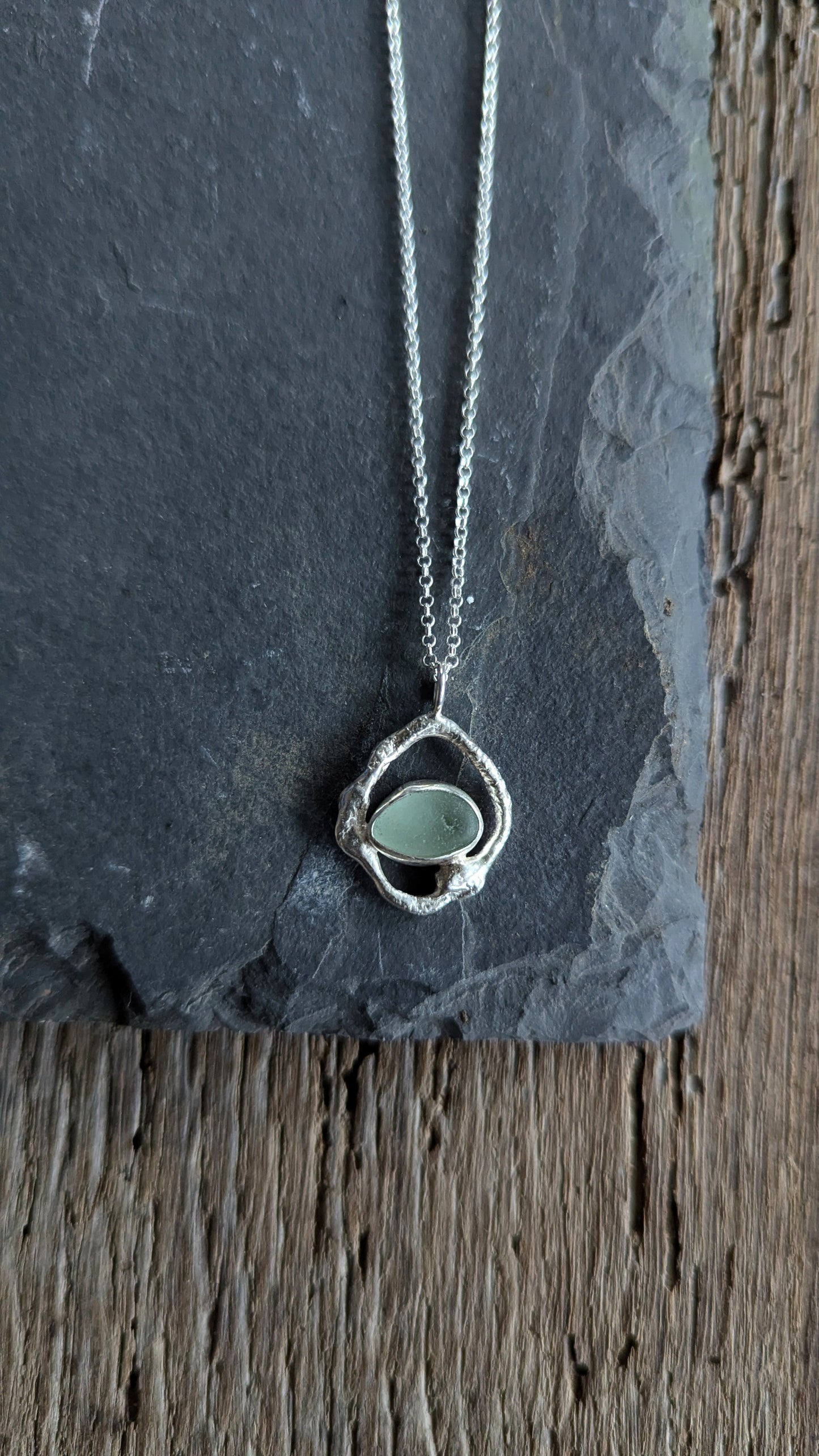 Light Blue Sea Glass & Molten Silver Necklace