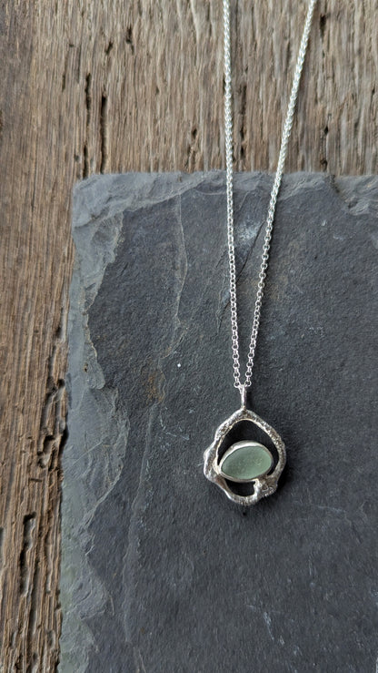Light Blue Sea Glass & Molten Silver Necklace