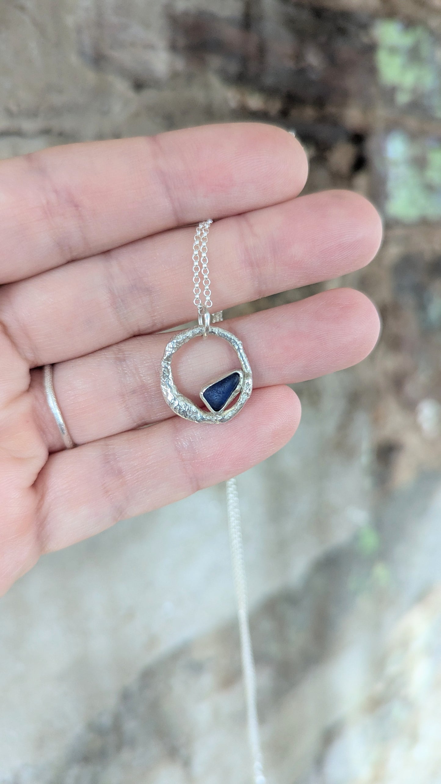 Cobalt Blue Sea Glass & Molten Silver Necklace