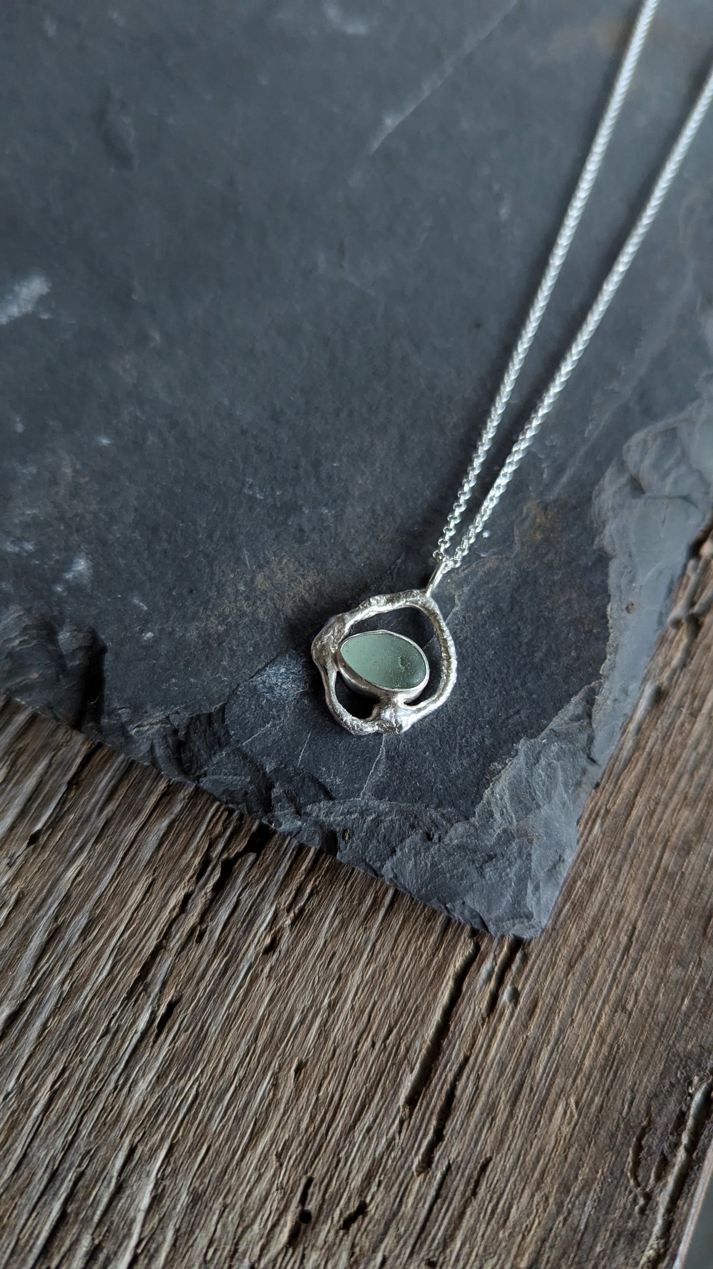 Light Blue Sea Glass & Molten Silver Necklace