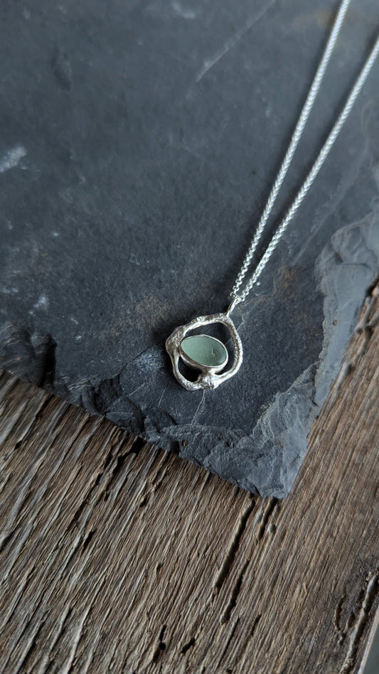 Light Blue Sea Glass & Molten Silver Necklace