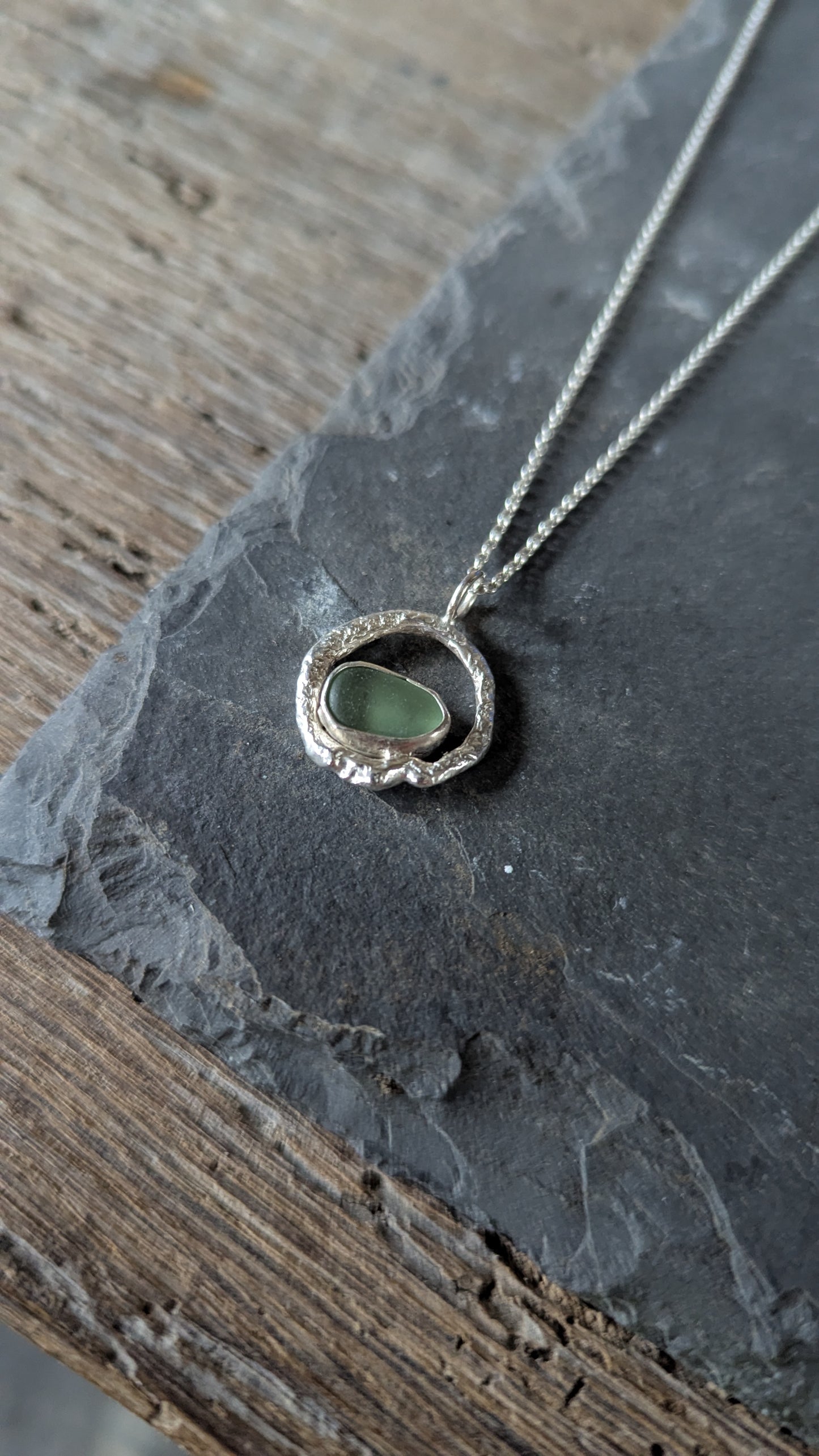 Sage Green Sea Glass & Molten Silver Necklace