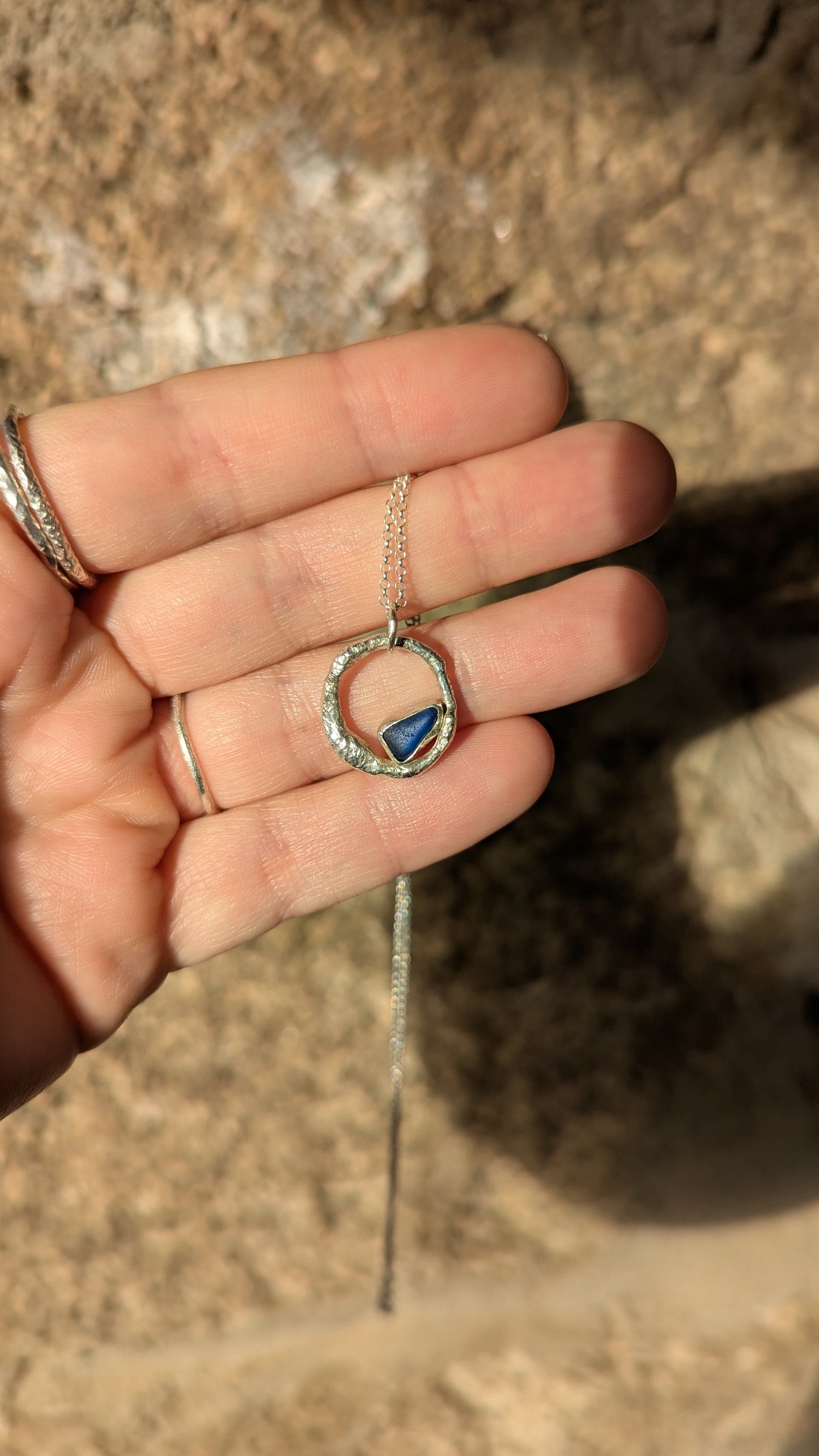Cobalt Blue Sea Glass & Molten Silver Necklace