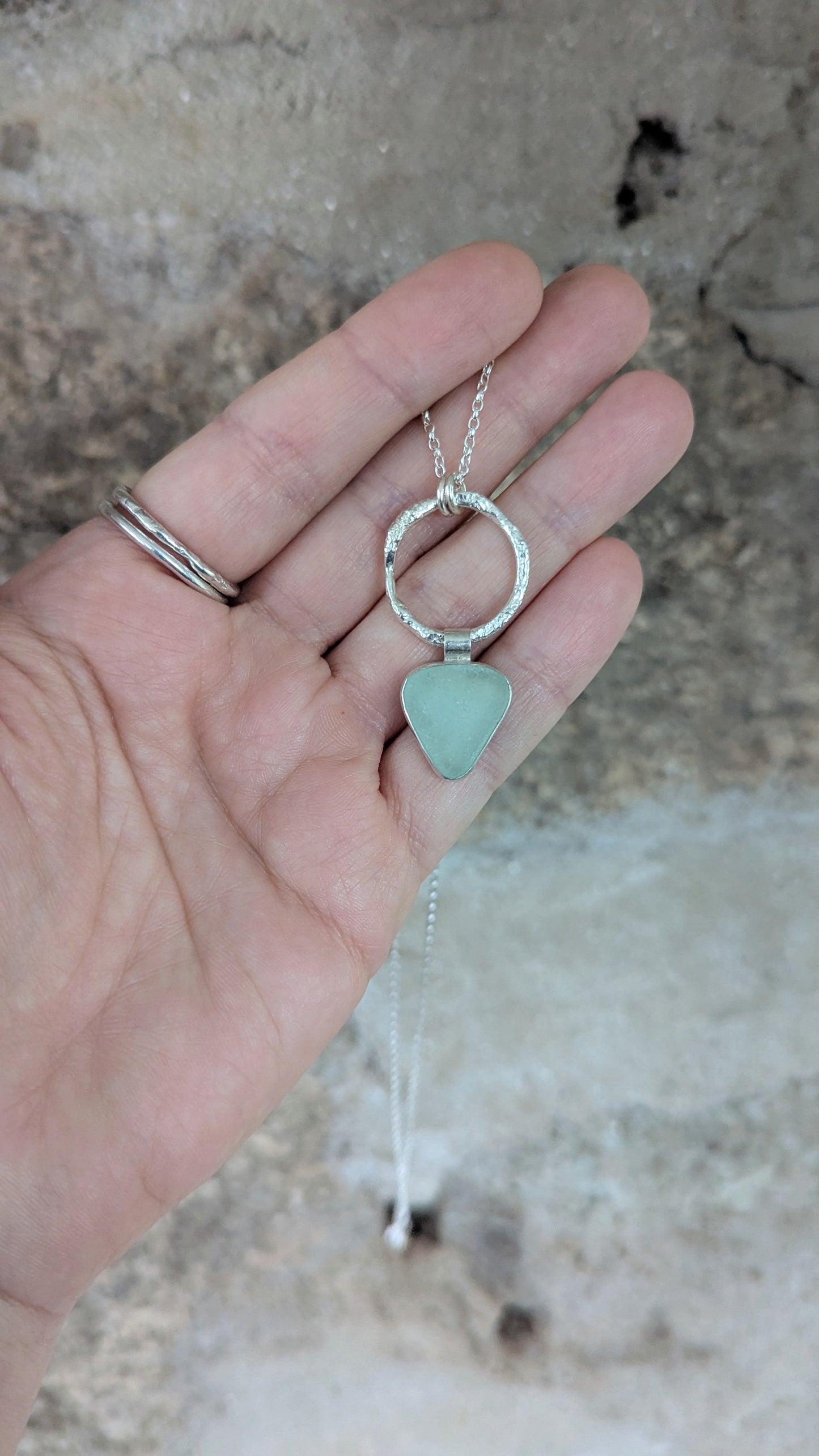 Seafoam Sea Glass & Molten Silver Necklace