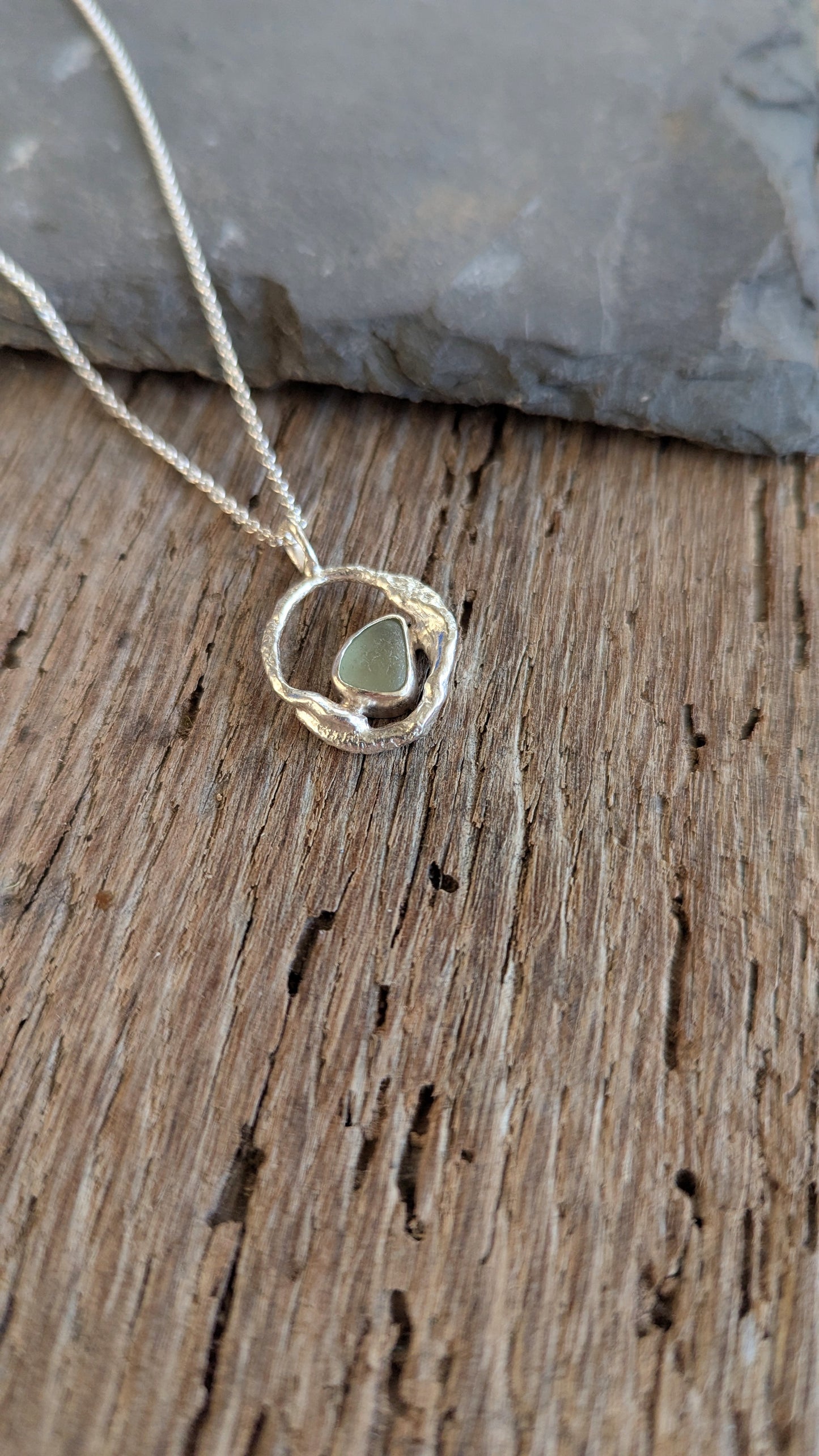 Green Sea Glass & Molten Silver Necklace