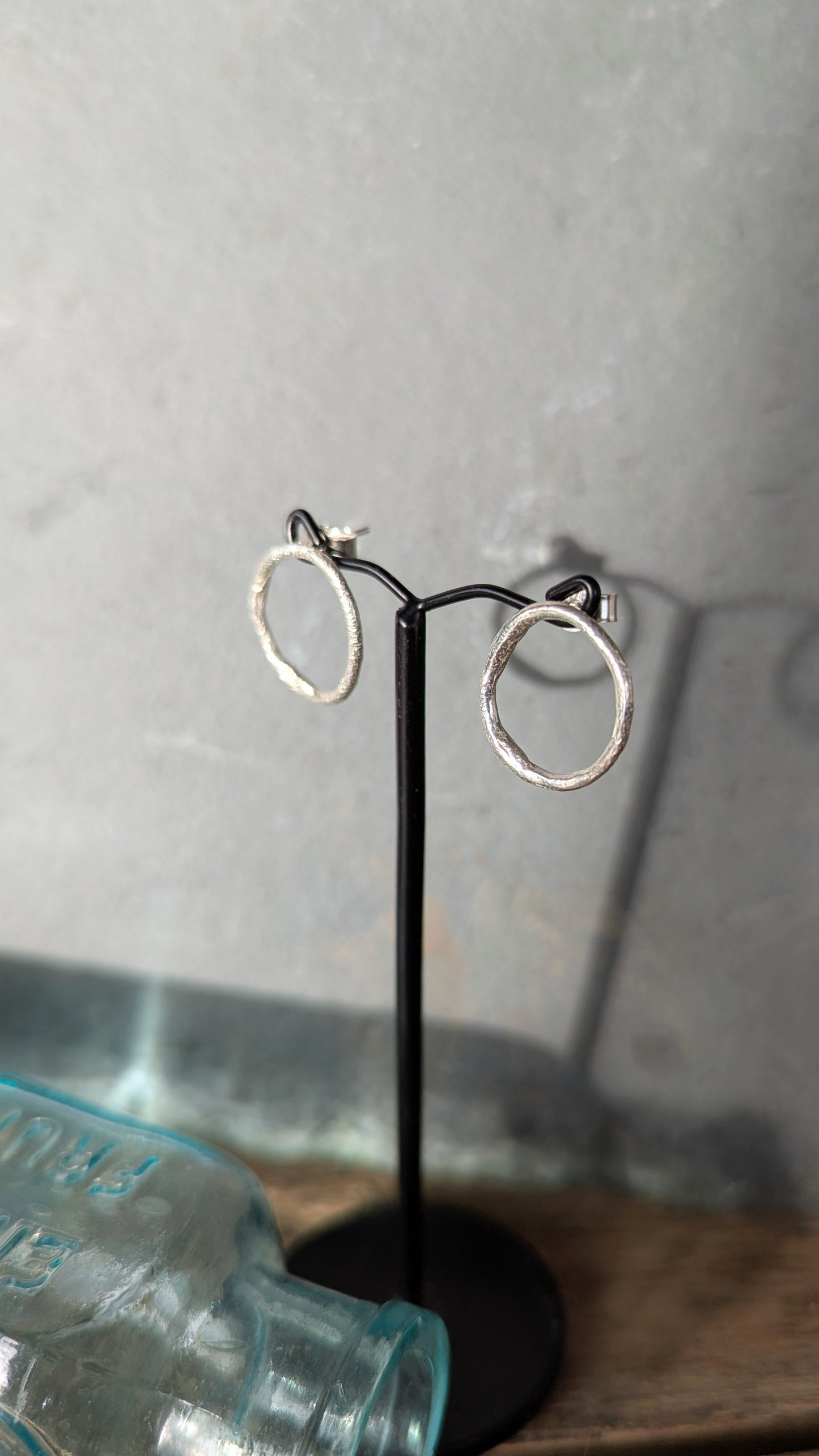 Large Molten Silver Ring Stud Earrings