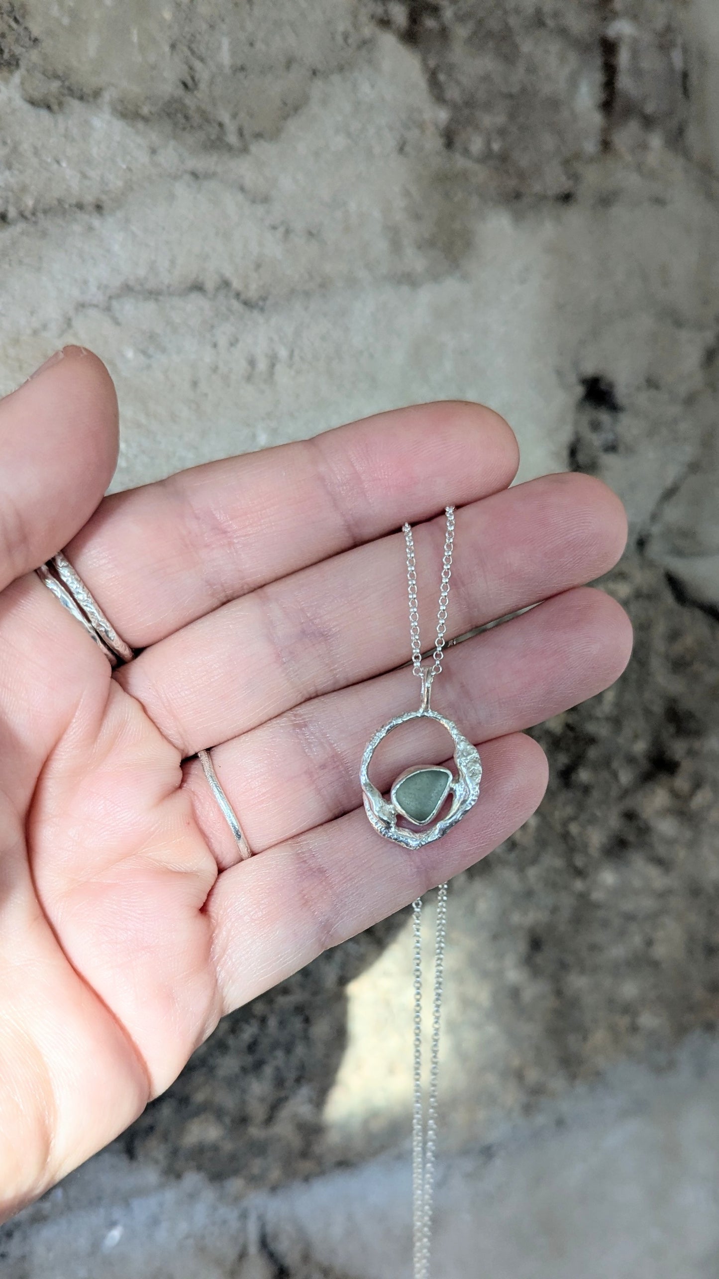 Green Sea Glass & Molten Silver Necklace