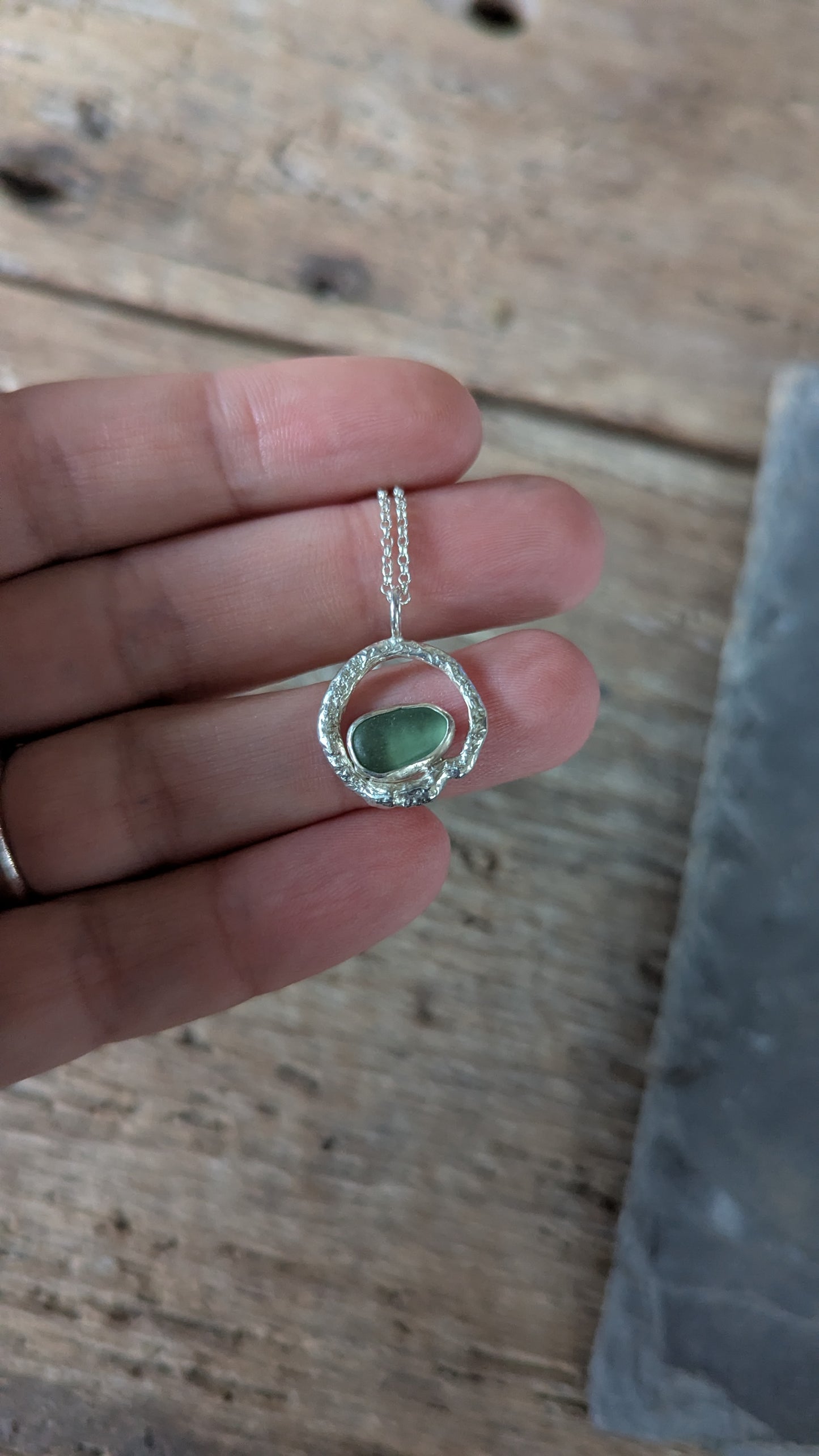 Sage Green Sea Glass & Molten Silver Necklace