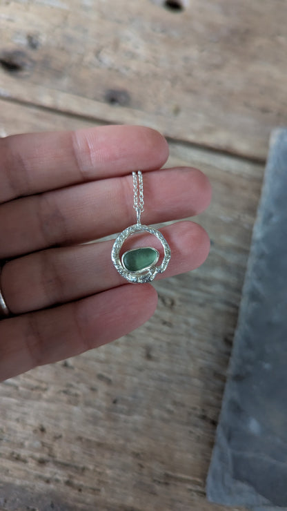 Sage Green Sea Glass & Molten Silver Necklace
