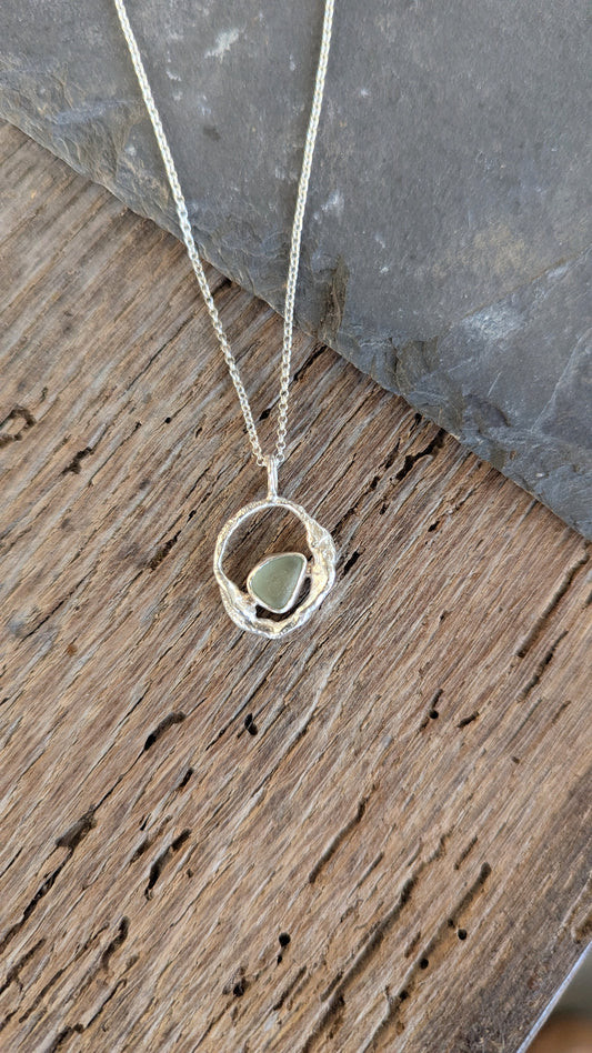 Green Sea Glass & Molten Silver Necklace