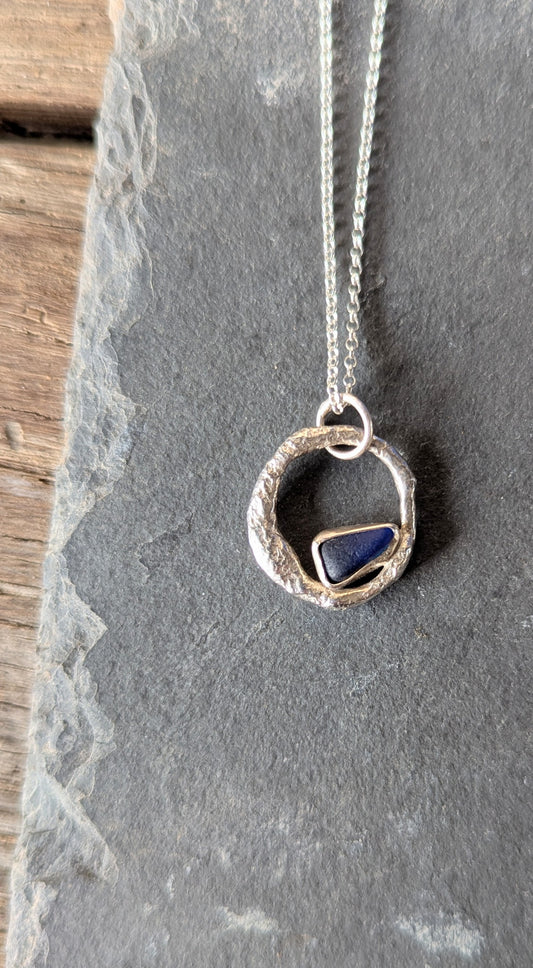 Cobalt Blue Sea Glass & Molten Silver Necklace