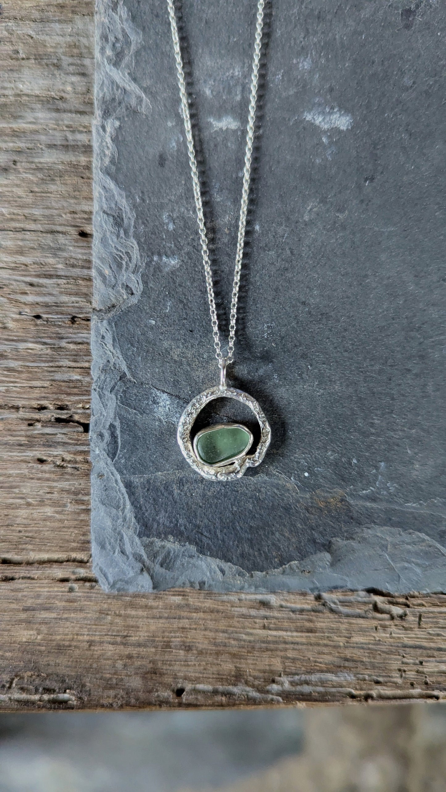Sage Green Sea Glass & Molten Silver Necklace