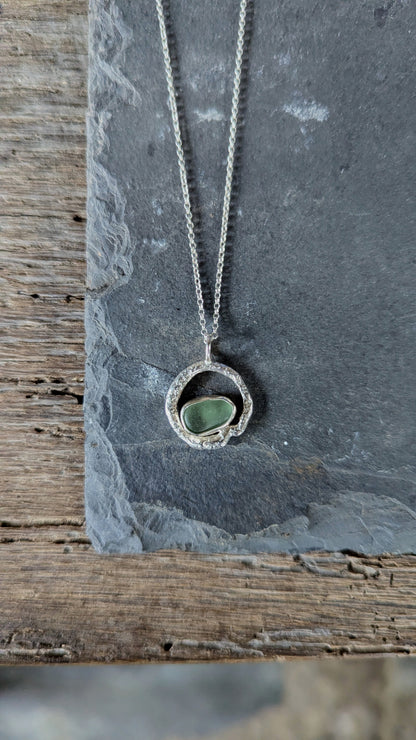 Sage Green Sea Glass & Molten Silver Necklace