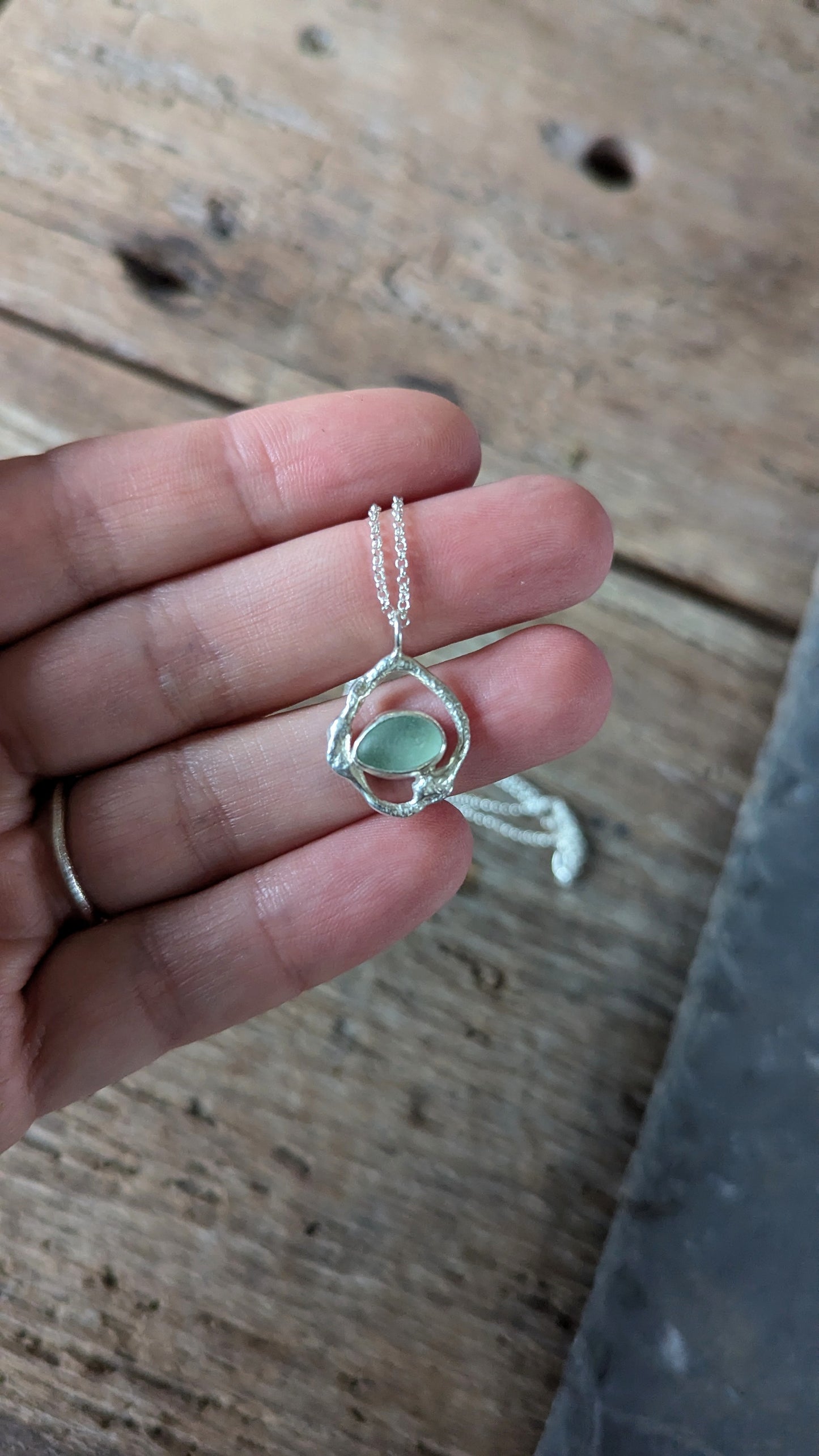 Light Blue Sea Glass & Molten Silver Necklace